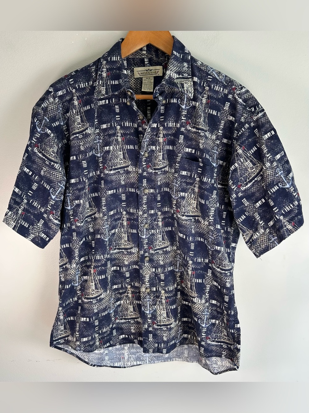 Vintage 90s Natural Issue Mens Button Up Shirt M Blue Nautical AOP Sailboats EUC